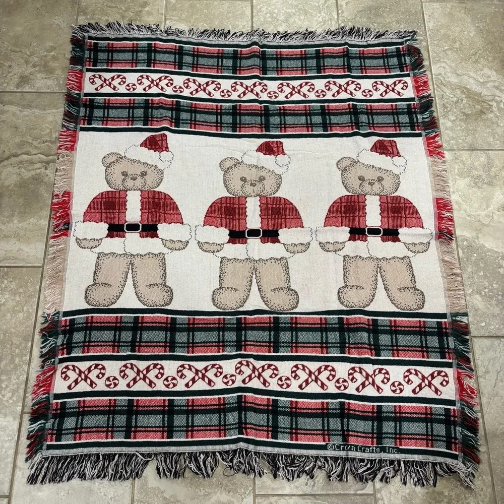 Crown Crafts Christmas Teddy Bears Woven Throw‎ Blanket Cotton Made in USA
